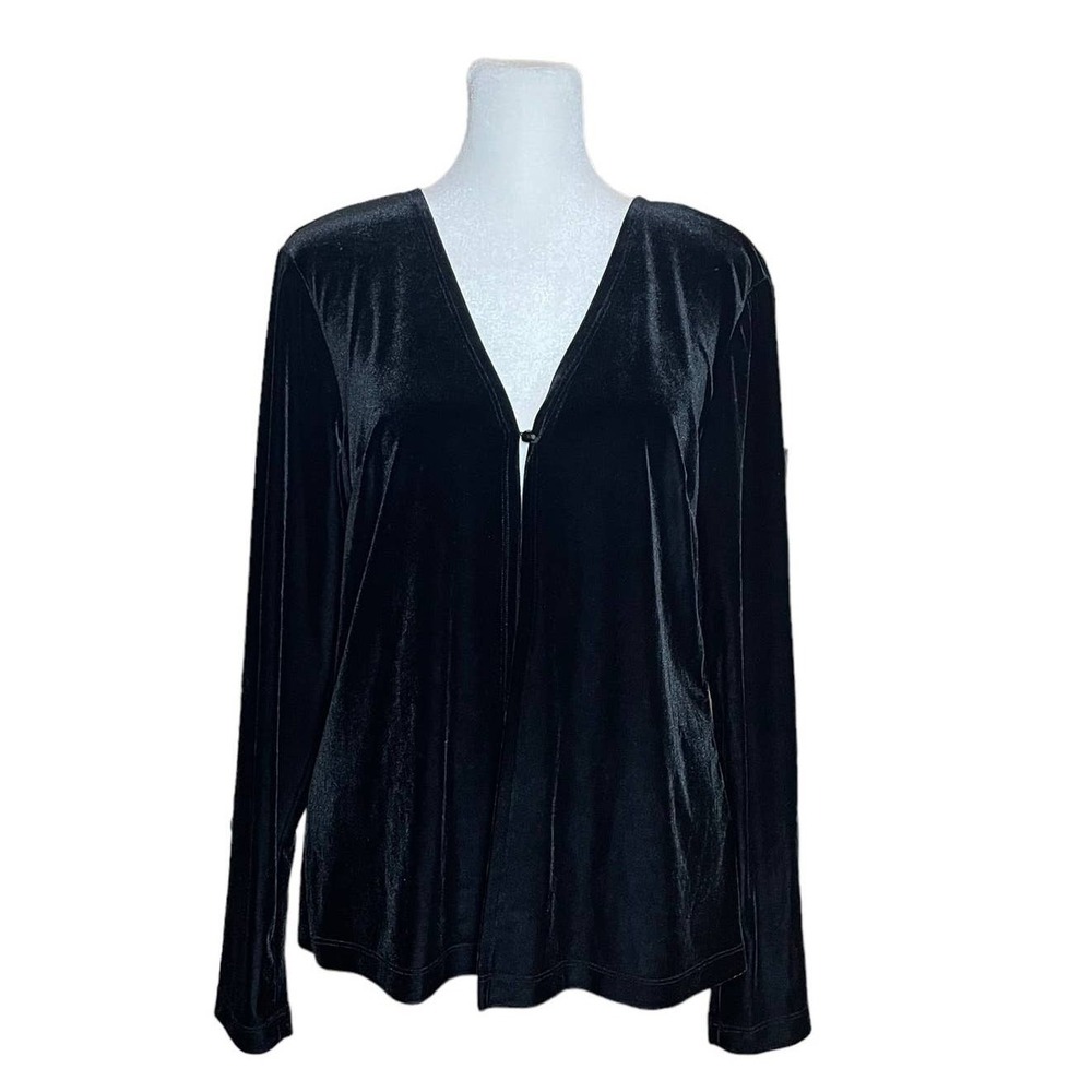 Vintage 90s Velvet Velour Cardigan Women L Black Goth Witchy Y2K Open Front Dark - Picture 2 of 13